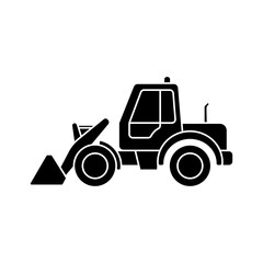 Black silhouette of a construction bulldozer with a front blade. Simple vector icon on a light background. Ideal for infographics, applications and presentations on the topic of construction.
