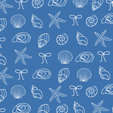 Seamless pattern with hand drawn seashells, starfish, and ribbons. Nautical coastal background. Marine wallpaper with ocean shells and bows. Vintage beach print