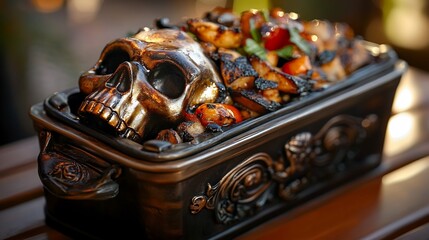 Grilled Dish Served in a Skull-Shaped Container