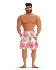 Summer Ready: A muscular, tanned man in floral swim shorts exudes confidence, poised and ready for a sunny day.