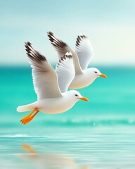 Fototapeta premium Seagulls soaring over the Ocean: Two white seagulls gracefully soar above the serene turquoise ocean waters, their wings outstretched against a clear sky.
