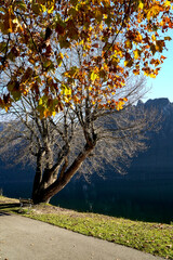 Panorama autunnale del lago d'Idro o Eridio è un lago di origine glaciale situato in provincia di Brescia in Lombardia al confine con il Trentino. Lombardia, Italia