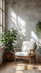 Minimalist Home Decor with Vintage Chair and Potted Plants