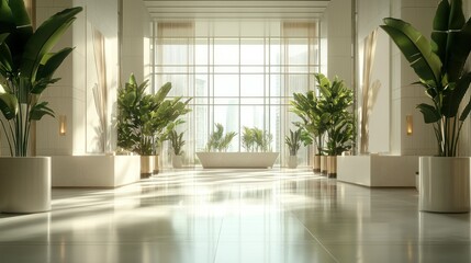 Obraz premium Modern, bright lobby with lush greenery