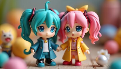 Two cute anime figurines holding hands. Colorful toys in the background. Anime characters with big eyes. Collectible toys, figures, pop culture collectibles. Anime art. Kawaii concept.