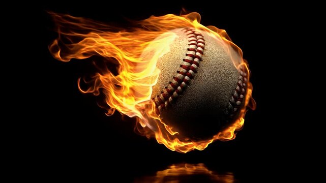 A flaming baseball in motion, symbolizing speed and intensity in sports.