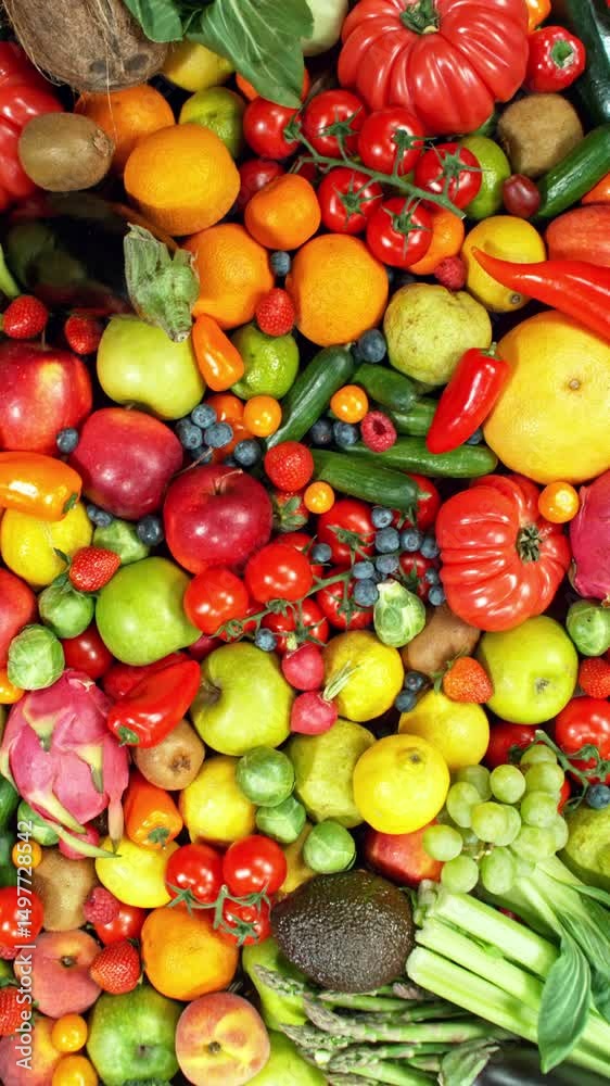 Poster various kind of fresh fruits and vegetable. camera placed on motion control system. filmed on high s