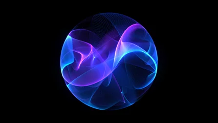 Fotobehang Abstracte Golf Neon futuristic 3d sphere of blue and purple glowing digital waves and particles. Future technology concept, Artificial Intelligence, engineering, and science. Abstract energy orb. Data, innovations.  © Alesia