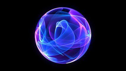 Vibrant 3d sphere of purple and blue waves and glowing particles. Abstract technology concept, Artificial Intelligence, engineering, big data, machine learning. Glowing energy orb on black. 