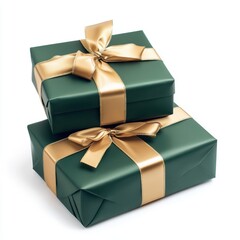 Two Green Gift Boxes with Gold Ribbons Isolated on White Background