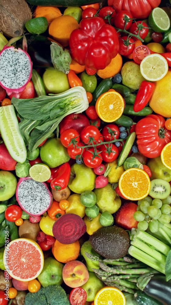 Poster various kind of fresh fruits and vegetable. camera placed on motion control system. filmed on high s