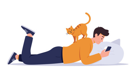Relaxed Person with Cat on Back Using Smartphone