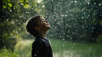 Joyful Boy Playing in Rain in Rustic Countryside Field