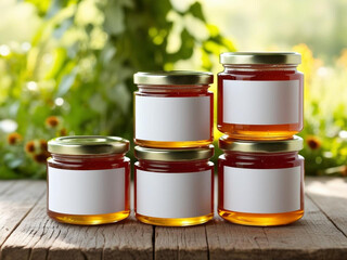 Blank label honey jars mockup on nature background.
