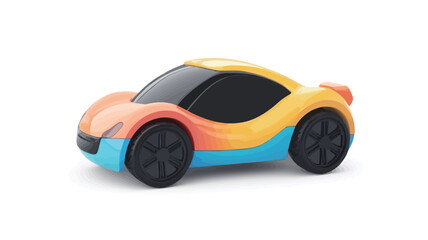 A high-angle, full shot of a toy sports car against a stark white background. The car is predominantly orange and yellow with a gradient effect, transitioning to blue at the bottom.