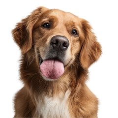 Friendly golden retriever with a joyful expression, set against a plain background, ideal for pet-related content