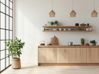 Stylish wooden kitchen with a traditional Japanese touch, featuring a sliding shoji window and a natural palette