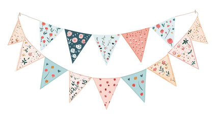 Fototapeta premium A digital image showcasing a floral bunting banner. The banner consists of multiple triangular flags strung together on a white string. Each flag features a unique pastel-toned floral pattern.