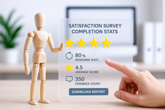 Person pointing satisfaction survey report with wooden mannequin nearby, showing positive feedback and review concepts, modern office setting