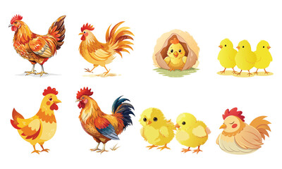 Watercolor Rooster, Chickens and Chicks Illustration