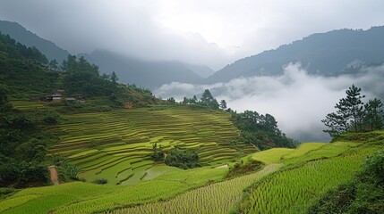 Obraz premium Majestic Monsoon Clouds Dramatically Hovering Over Lush Green Rice Field