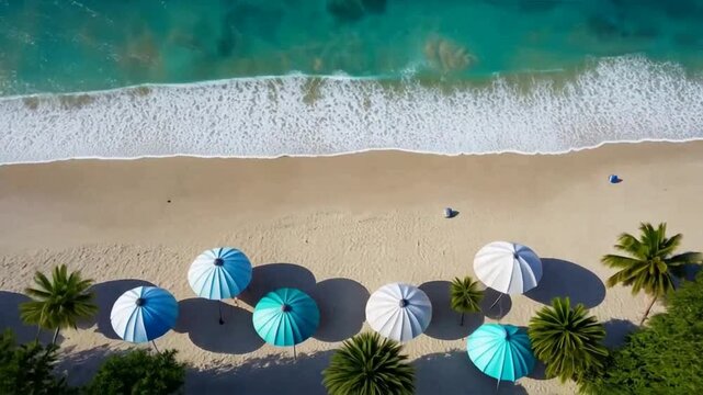 A top-down view of a serene beach with turquoise and white umbrellas, soft waves, and relaxed summer energy. Ideal for travel promos, vacation spots, or dreamy lifestyle content.