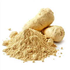 Fresh ginger root and powdered ginger spice arranged on a white background for culinary and health-related imagery
