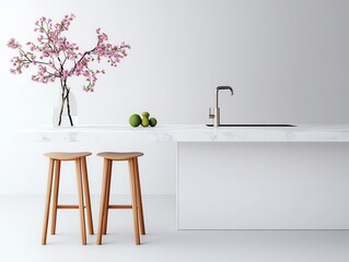 Luxury minimalist kitchen with a Japanese wooden aesthetic, marble accents, and an organic flow