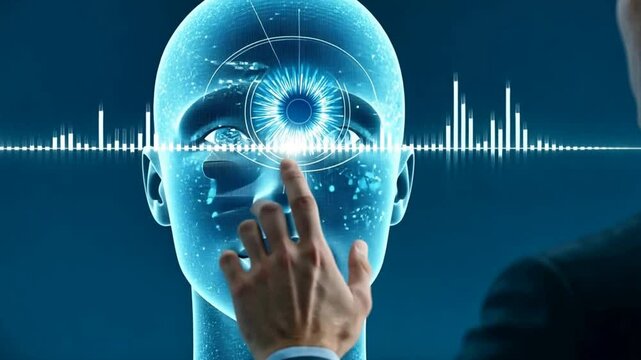 A hand reaches toward a glowing holographic human head interface, visualizing AI interaction and futuristic neural tech. Perfect for biotech, artificial intelligence, or concept-driven storytelling.