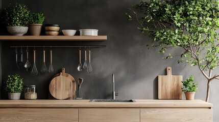 Natureinspired Japanese kitchen with organic wooden finishes, a stone sink, and soft natural lighting