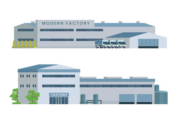 Modern Factory Building Vector Illustration, Industrial Warehouse Exterior. Clean editable flat design