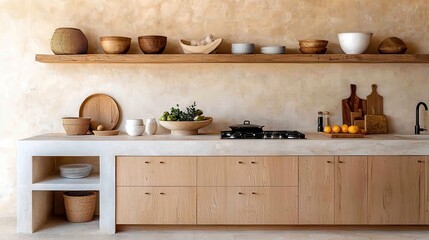 Softly illuminated kitchen space with handcrafted wooden cabinetry, a calming neutral palette, and modern simplicity
