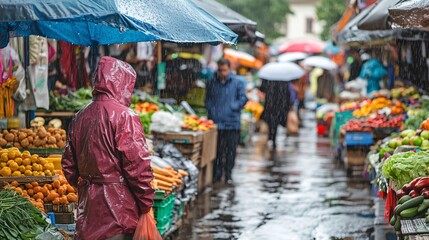 Obraz premium Bustling Outdoor Market on a Rainy Day with People in Colorful Raincoats