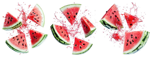 PNG Vibrant watermelon slices explode, element set on transparent background
