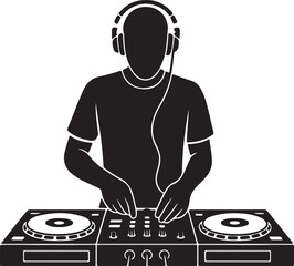 Silhouette Of A Dj Mixing Music On A Turntable Console.