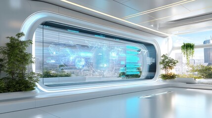 Fototapeta premium Futuristic interior with interactive display showing data visualizations and city view.