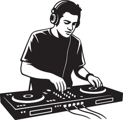 Vector Illustration Of A Dj Mixing Music On A Turntable With Headphones.