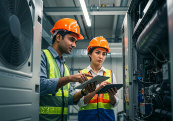Diverse Engineering Team Inspecting Industrial Machinery using Tablets