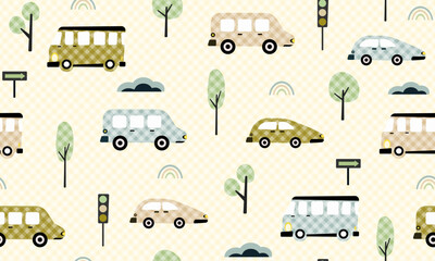 kids car transportation seamless pattern, different transportations, cloud, trees, check, grunge effect, creative, childish seamless pattern