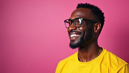 Obraz premium Smiling man with glasses, wearing yellow shirt against vibrant purple pop color background. Concept positivity. Portrait happy guy, looking right, cheerful expression, stylish modern look.
