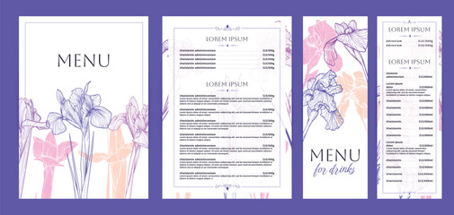 Colorful food and drinks menu designs. Restaurant menu template. Beautiful vector A4 format with high quality flowers for print and online usage. Saturated hand drawn line art iris illustrations. 