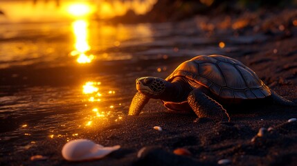 Sunset Turtle on the Beach: A Golden Hour Spectacle