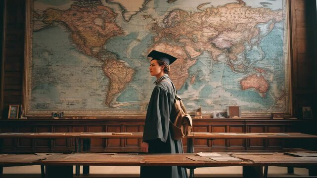 Graduate looking at international job board, A graduate with a backpack stands before a large world map, suggesting exploration, education, and global opportunities.