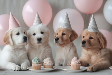four dog puppies at a birthday party celebration wearing party hats, with balloons and cupcakes
