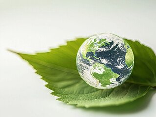  Green leaf with Earth embedded inside, symbolizing global environmental protection and sustainable practices, emphasizing corporate responsibility in eco-friendly product development.