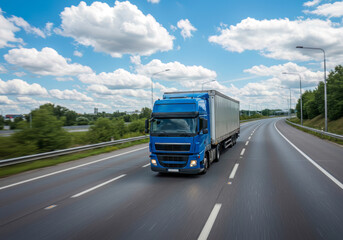 Blue Semi Truck Driving on a Highway Under a Sunny Sky with Fluffy Clouds