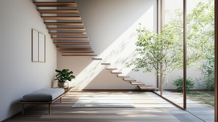 Obraz premium Functional and stylish Japaneseinspired home with floating staircases, shoji screens, and natureinspired decor