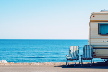 Fototapeta premium Mobile home parked near a beach, with the ocean in the background and beach chairs set up outside