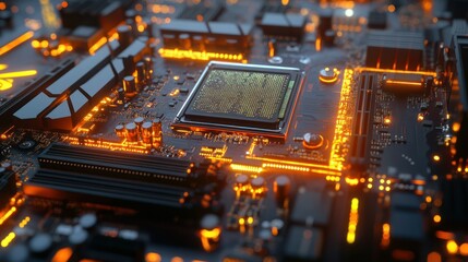 Close up of a computer motherboard with CPU and circuit components.