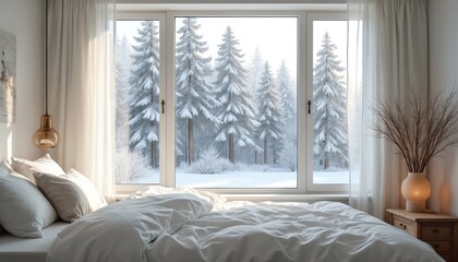 Cozy bedroom with snowy forest view through window. Winter landscape, snow covered fir trees outside the window. Interior design of bedroom creates tranquil atmosphere. Modern design of room.